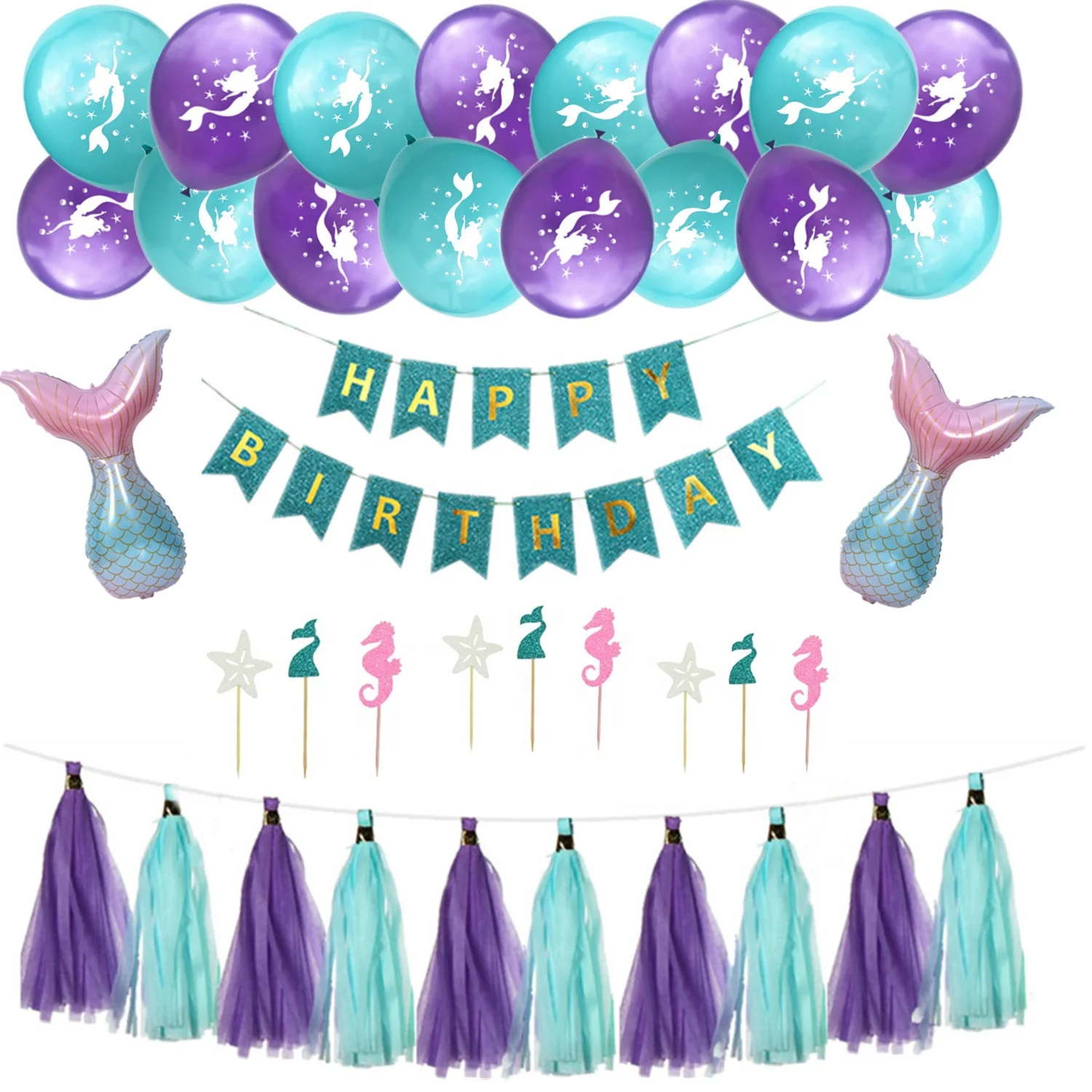 Mermaid Theme Birthday Party Supplies For Girl,Including Banner Tassel Balloon Cake Topper