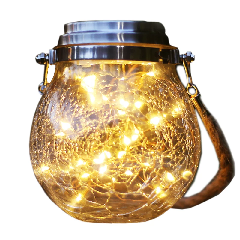  New product outdoor Solar Decoration charging Hemp Rope Crackle Bottle Glass Jar crack lamp for Eaves