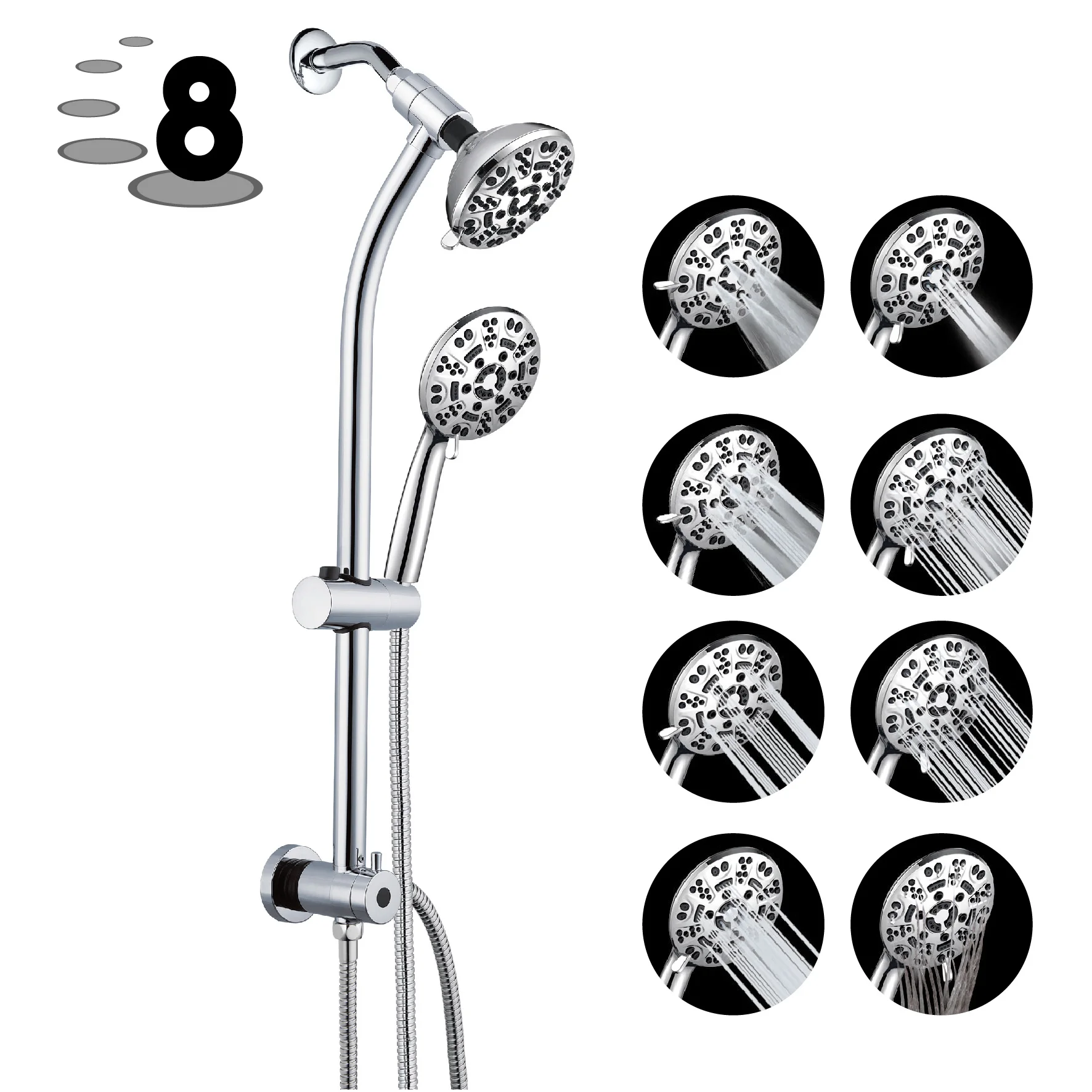 Hot Sale Portable Hot and Cold 8 Setting Showerhead Wall Mounted Bathroom Luxury Sanitary Ware Shower Set