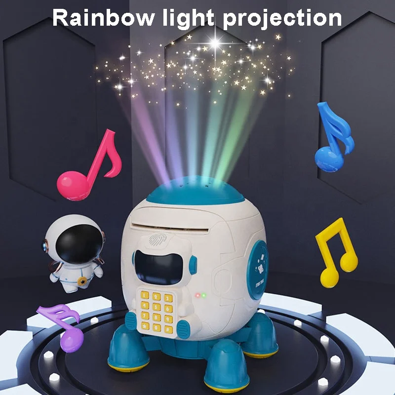 New kids saving money pretend play mini rocket piggy bank toy children fingerprint unlock projection money bank with music story