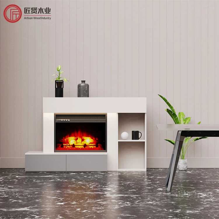 52 Inch Living Room Cabinet Wooden TV Unit 3D Flame Electric Fireplace TV Stand Modern TV Cabinet
