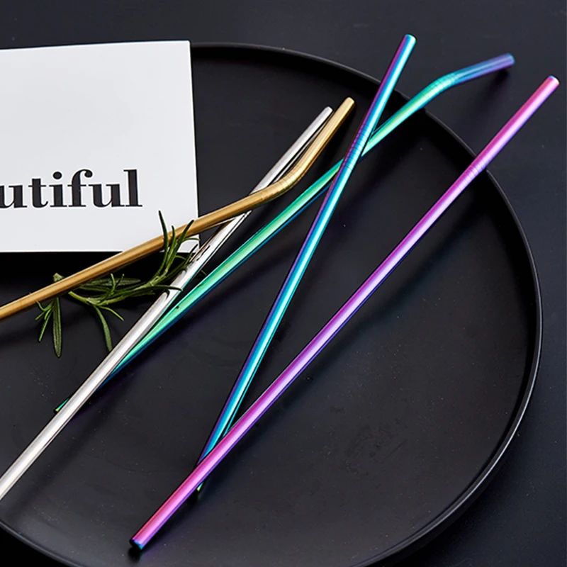 Rose Gold Rainbow 304 Stainless Steel Metal Drinking Reusable Straws Cleaning Brush Kit Box Case