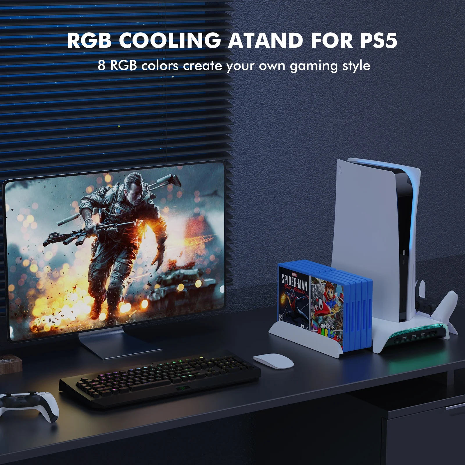 KIWIHOME Digital Vertical Stand With Cooling Fan and Dual Controller Charger For Ps5 Console