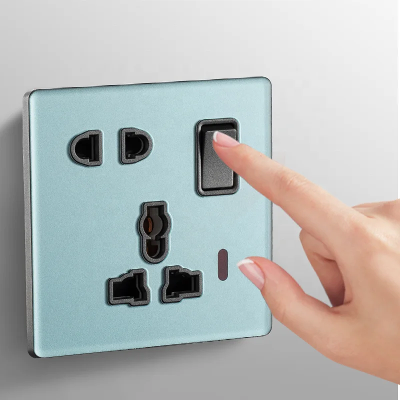 Zhong shan Blue green 5 pin MF switched socked with neon Household glass switch socket