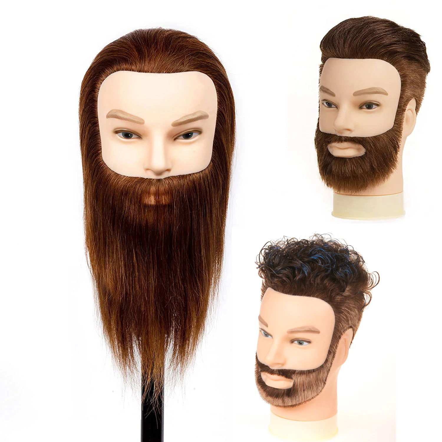 Male training head with 100% human hair and beard, salon hair styling and practice beauty human body model head