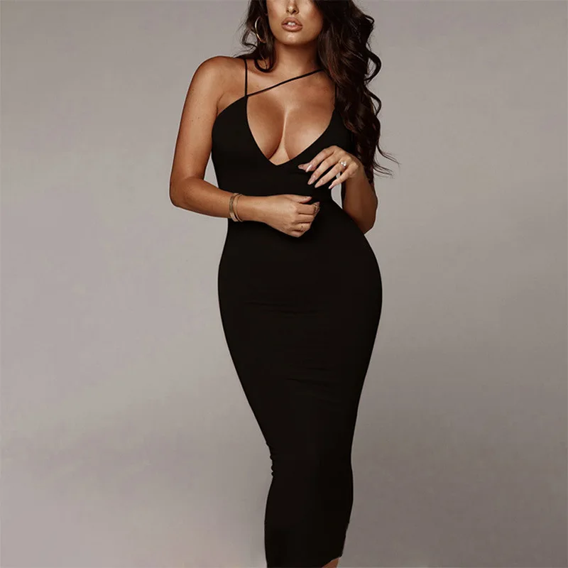 Peeqi D23DS424 new 2024 spring deep V-neck sleeveless sexy midi dress solid bodycon backless elegant casual clothes for women