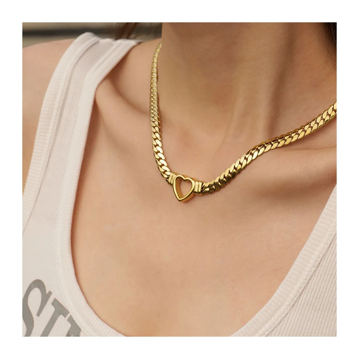 ERESI Women Jewelry 18K PVD Gold Plated Heart Shape Stainless Steel Cuban Chain Necklace Tarnish Free and Waterproof Choker