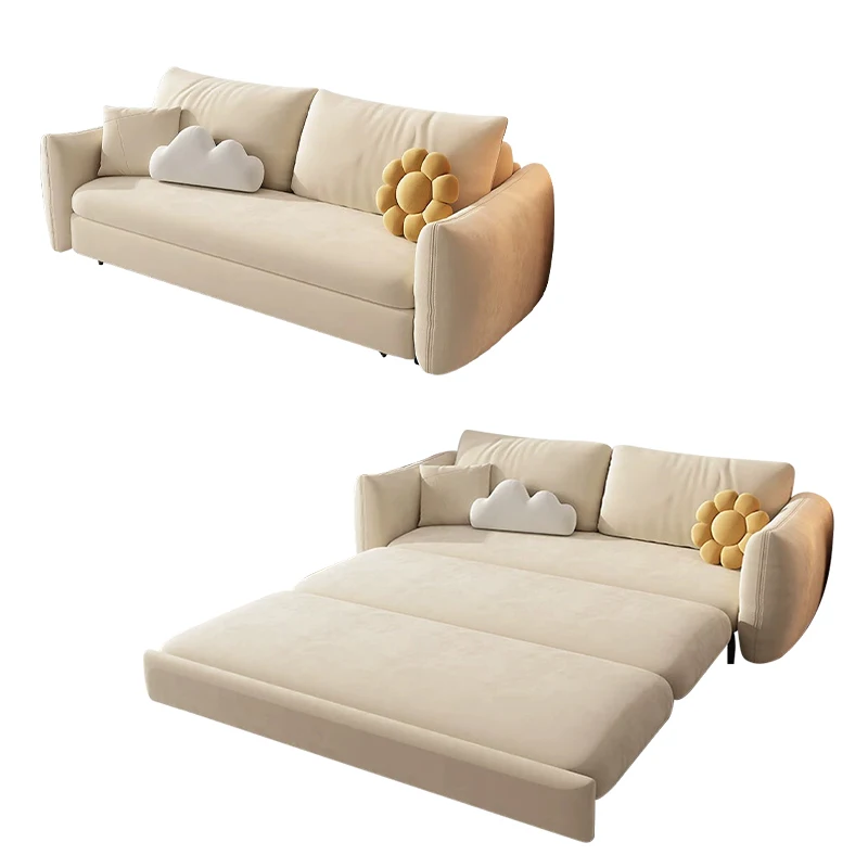 Technology Velvet Sofa Bed Multifunctional Foldable Double Small Household Cream Wind Telescopic Dual-Use Sliding Storage Beds