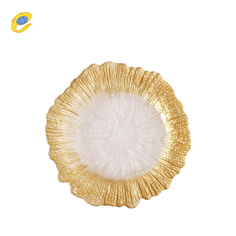 Wholesale China plates reef gold unbreakable transparent glass plates bulk clear wedding crystal charger plate with gold rim