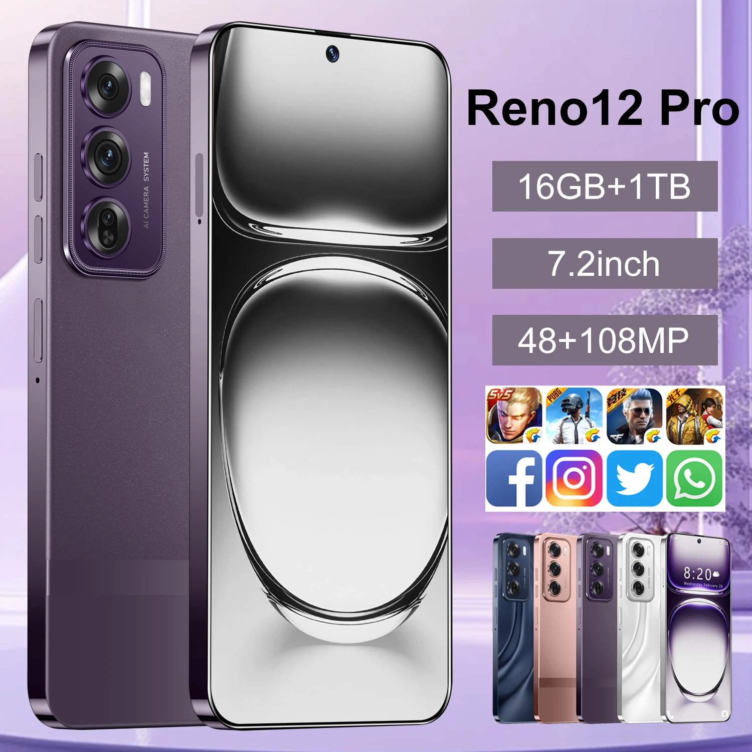 Popular design unlocked 7.3 Inch Reno 12 Pro Smartphone 16GB+1TB 5G Android 13.0 Dual SIM HD Screen cell phone Global Gaming