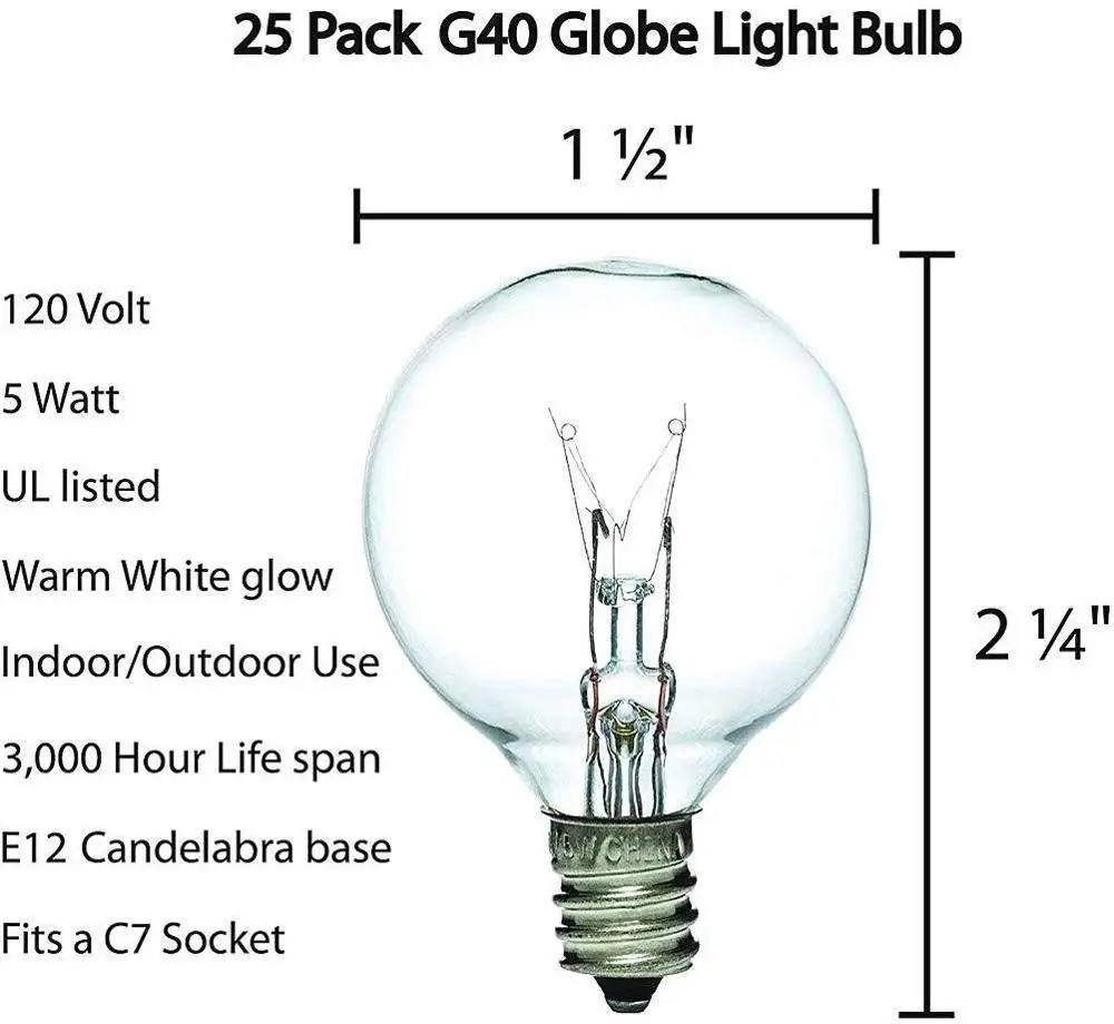 25 Pack G40 Replacement Light Bulbs, 5W Clear Globe Bulbs for Outdoor String Light (E12 / C7 Screw Base Sockets), Warm White