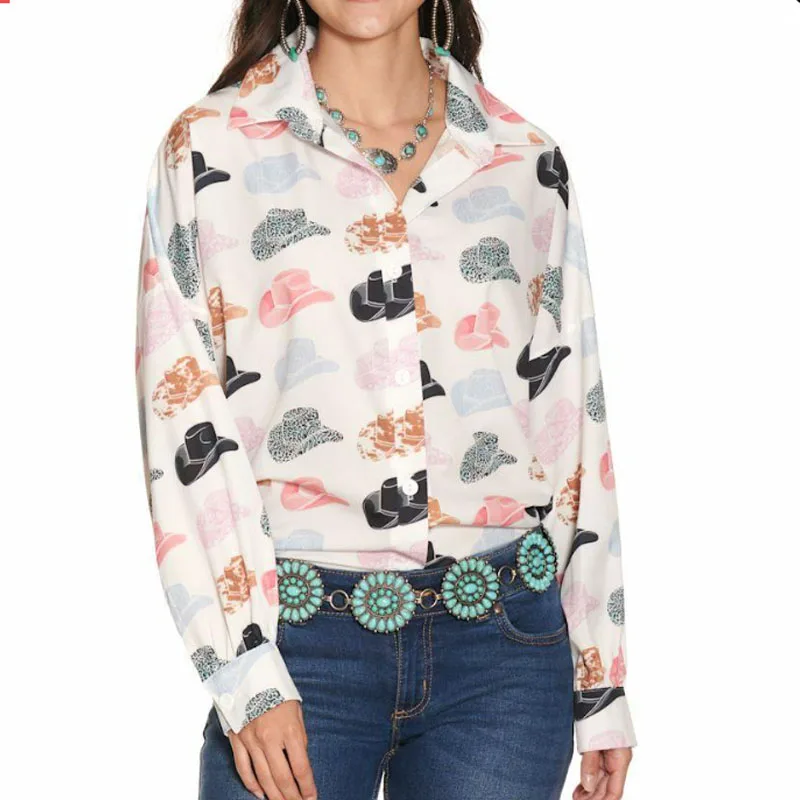 Southern Country Girl Button Down Shirt Custom Womens Nylon Tops Long Sleeve Allover Cowboy Hats Print Nylon Apparel Shirts