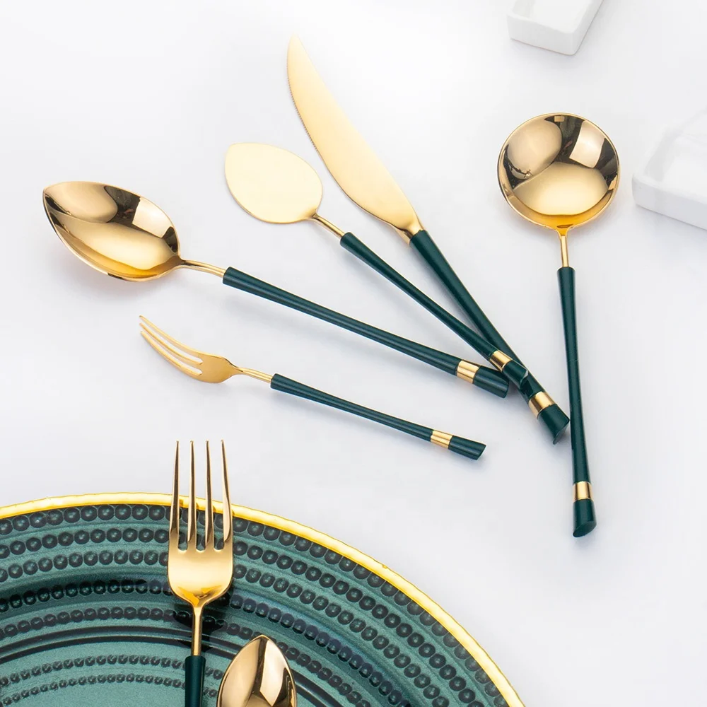 Wedding Plating green Handle Gold Flatware Sets Knife Fork And Spoon green and gold cutlery set manufacturers Flatware Cutlery