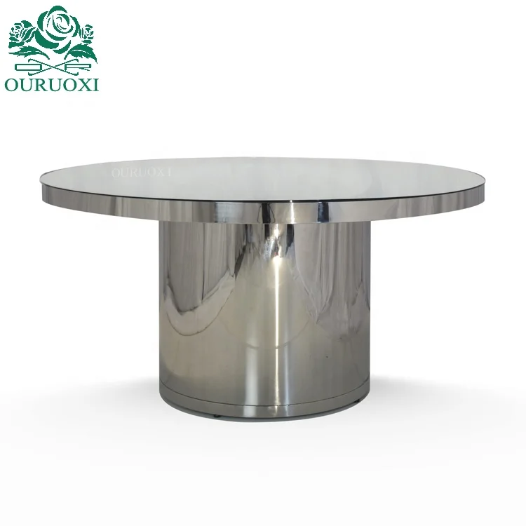 Restaurant used simple idea silver metal glass top round wedding table