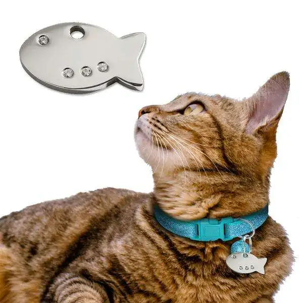 Customizable laser mark stainless steel fish key buckle metal carved bone shaped diamond blank cat pet metal dog tag