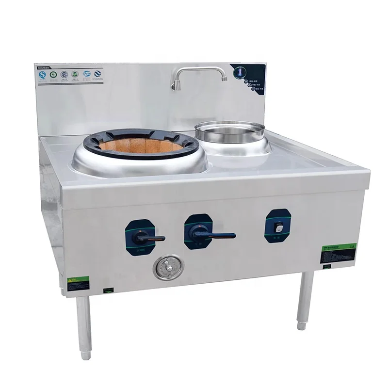 Stainless Steel Restaurant Equipment Kitchen Wok Gas Stove Double Burner With Blue Flame