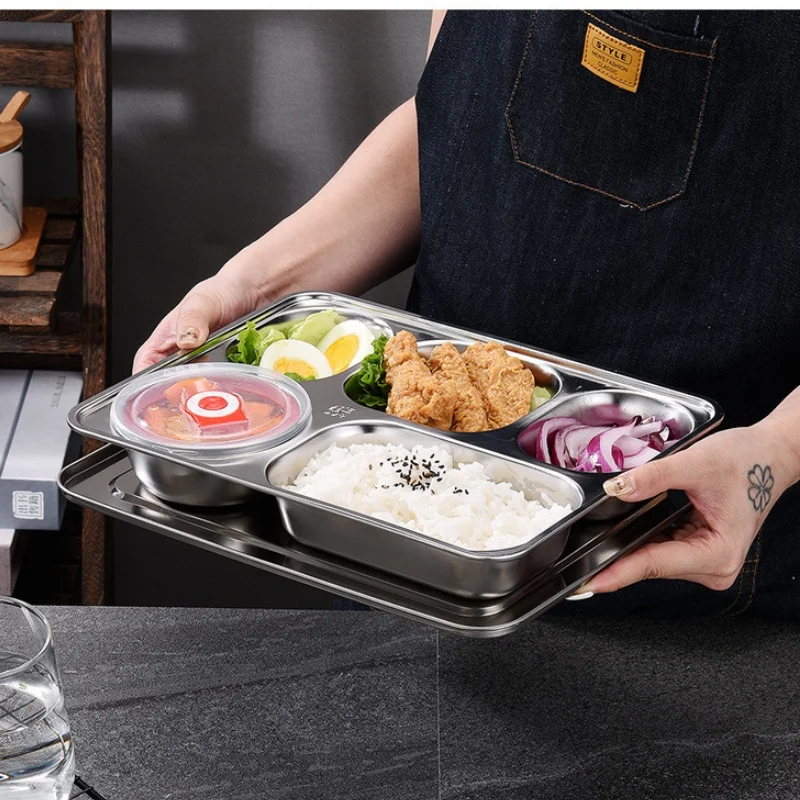Premium Thickened Stainless Steel Dinner Plates Food Divider Dish Tray with Lid for School Canteen Restaraut Buffet Custom LOGO