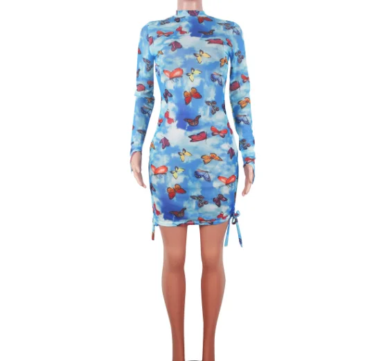 
Fashionable sexy transparent gauze butterfly print dress 