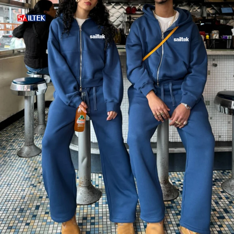 Wholesale elegant woman sets straight leg tracksuit custom track suits two piece straight leg sweatpants and zip up hoodie  set