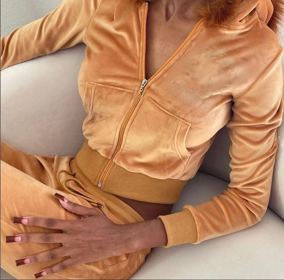 Women cropped Hoodie Jogger Sets Velvet  Zip Up Jacket Pants 2 Piece Set for Women Tracksuits