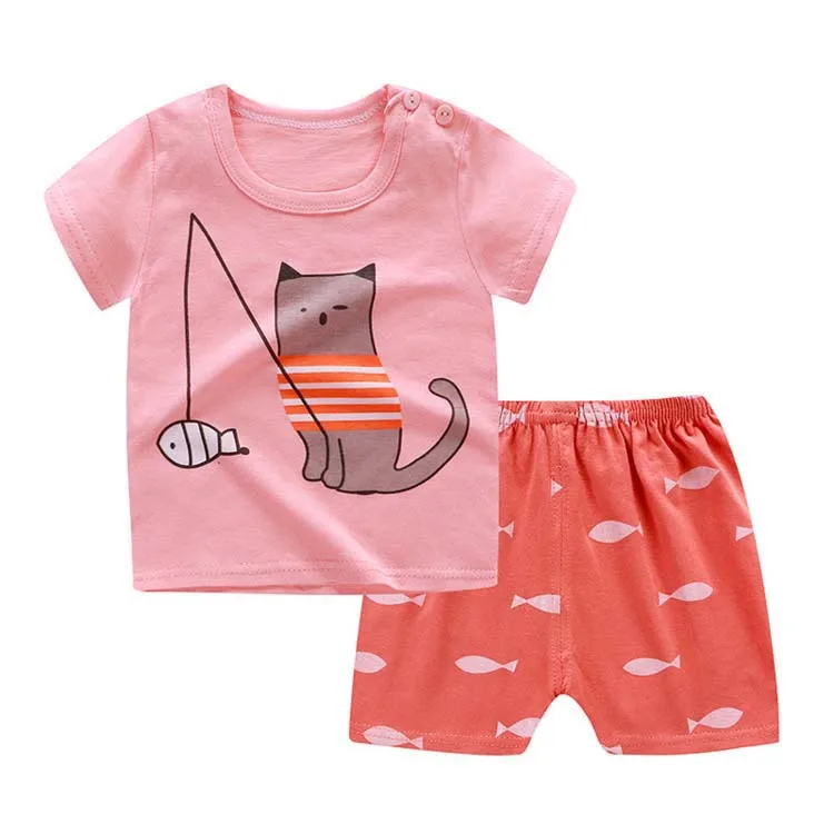Wholesale 2-Piece Summer Baby Clothes Set 100% Cotton Short Sleeve  Breathable O-Neck Dress for Boys Girls Animal Pattern