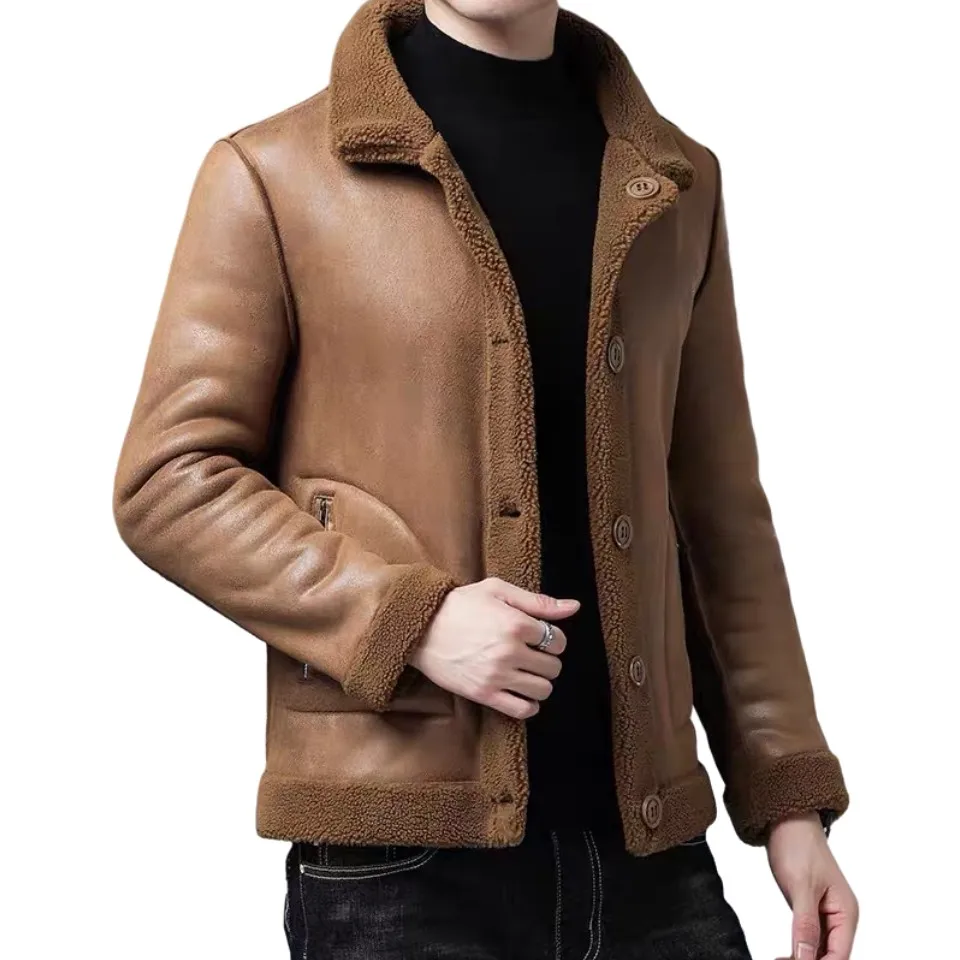 Wholesale custom Winter Soft windbreaker sheepskin loose sheep Wool Coat men Reversible fur lining short jacket