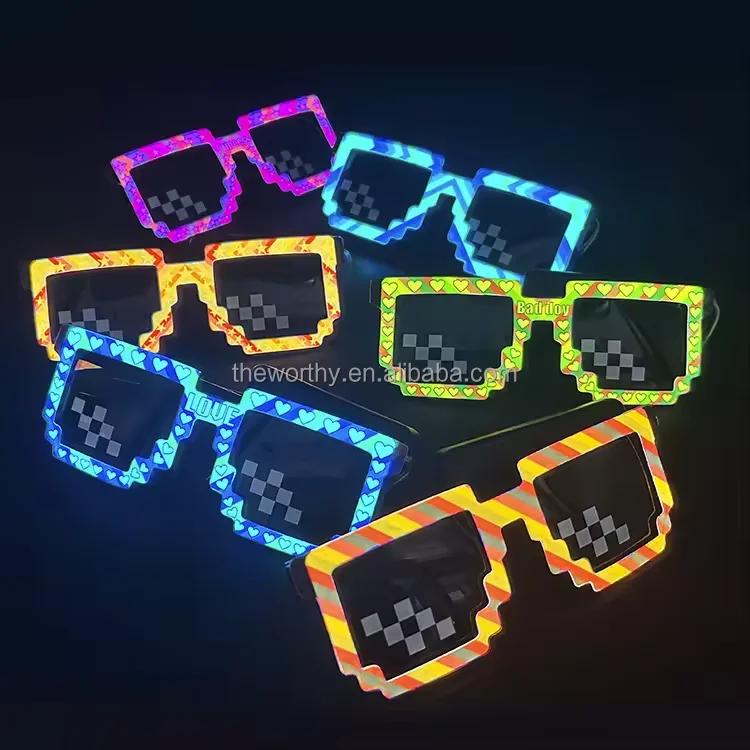 T-Worthy NEW Luminous LED Glasses Funny Pixelated Mosaic Gamer Light Up EL Wireless Glasses Party Disco Cool EL Glasses