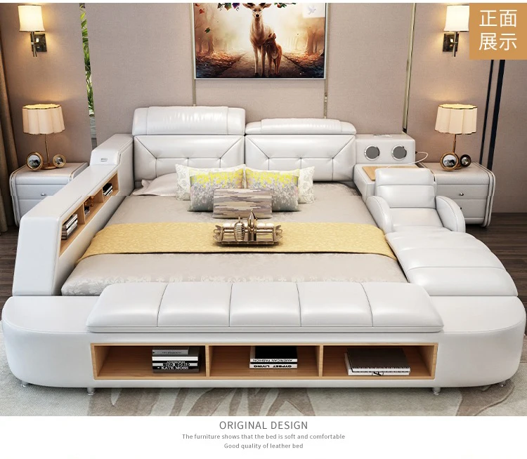 
Modern leather Fabric Bed with Storage Box function Bedroom Furniture set Chestrfield Style multimedia speaker USB charger 
