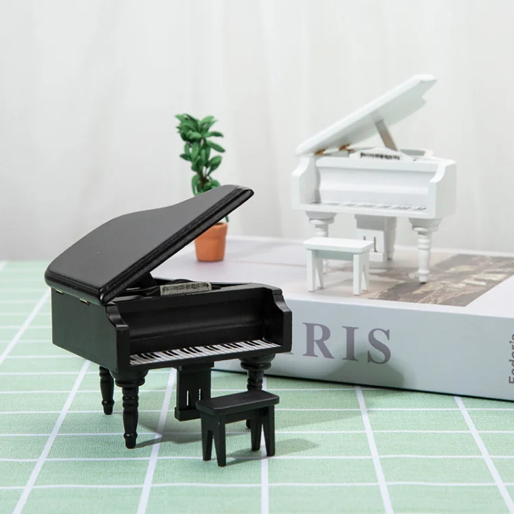 Doll Piano with Chair 1:12 Scale Miniature Musical Instrument, Wooden Grand Piano for Dollhouse Accessories