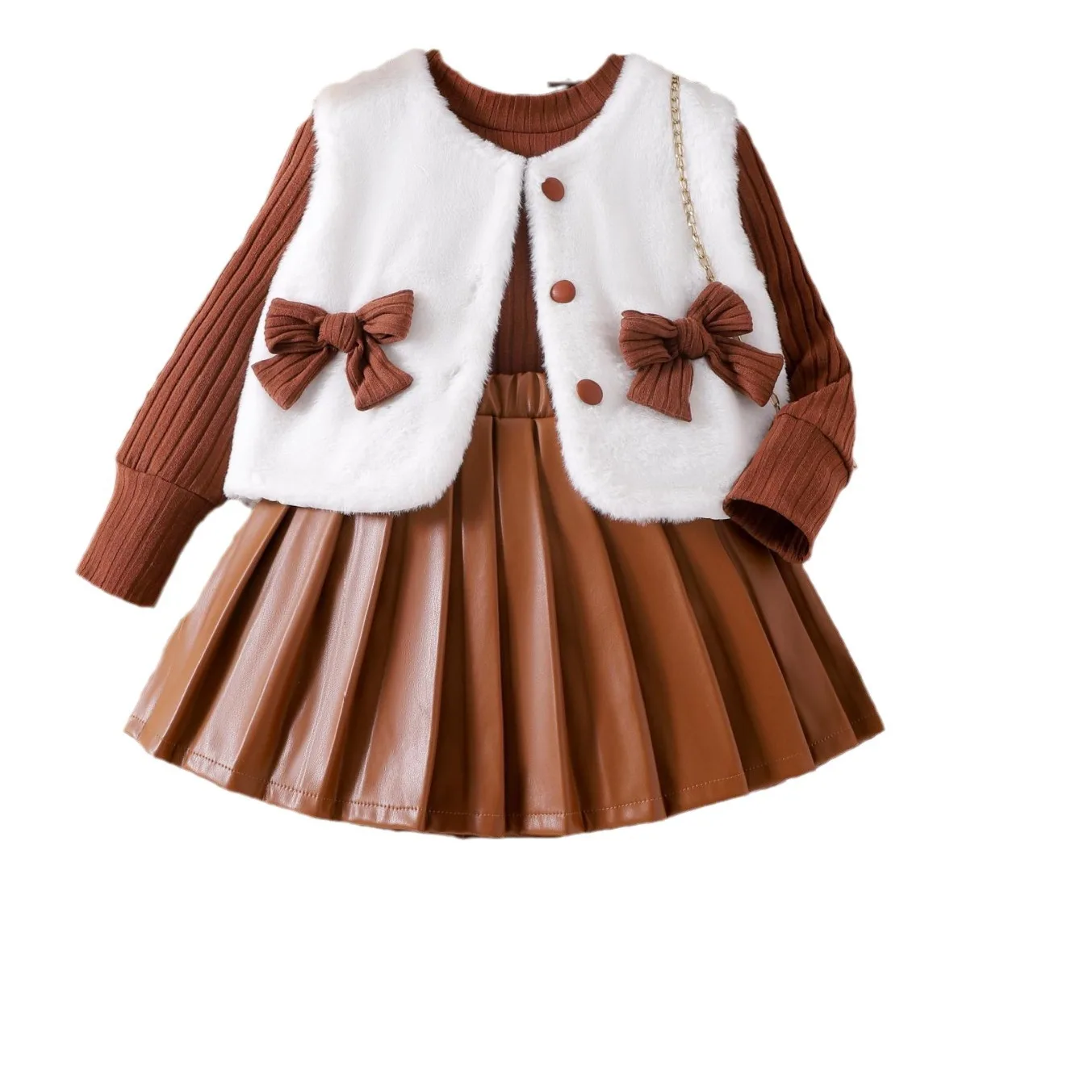 2024 New Types Autumn And Winter Long Sleeve Flocky Vest pu Leather Short Skirt 3 Pieces Set winter wear girls 2 to 7y