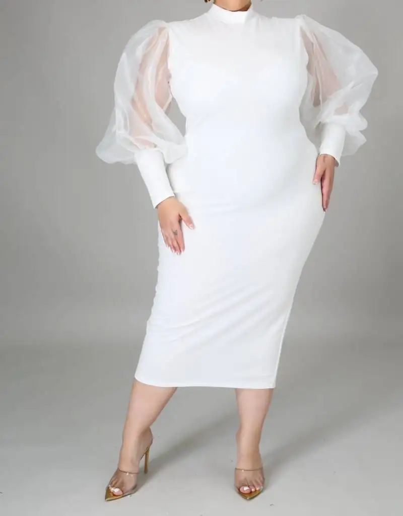 Plus size women long sheer sleeve  mock neck back zipper closure stretch dress STPSD009