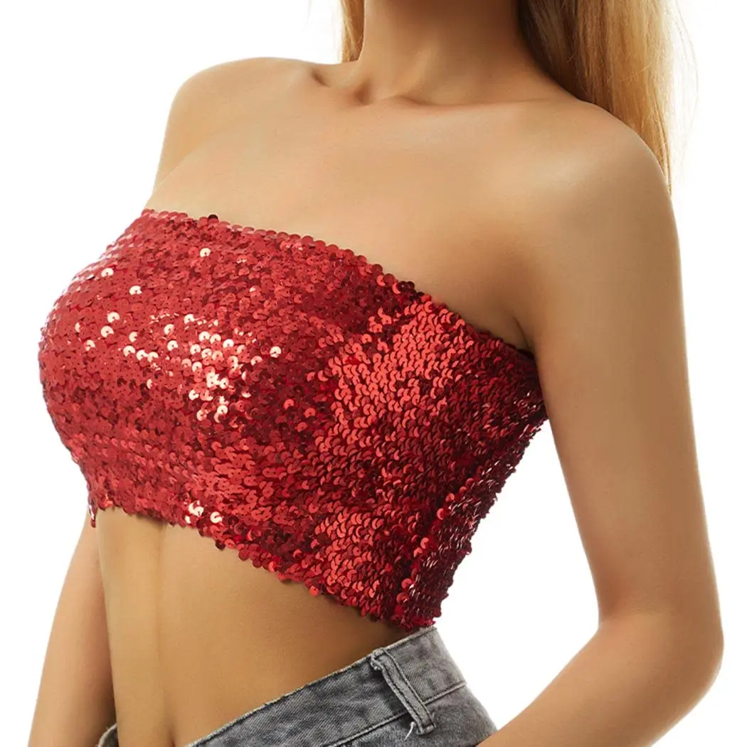 Sequin Tube Top Sparkly Crop Tops Party Strapless Bra Top Stretch Vest Club Wear Costume Outfits for Women and Girls
