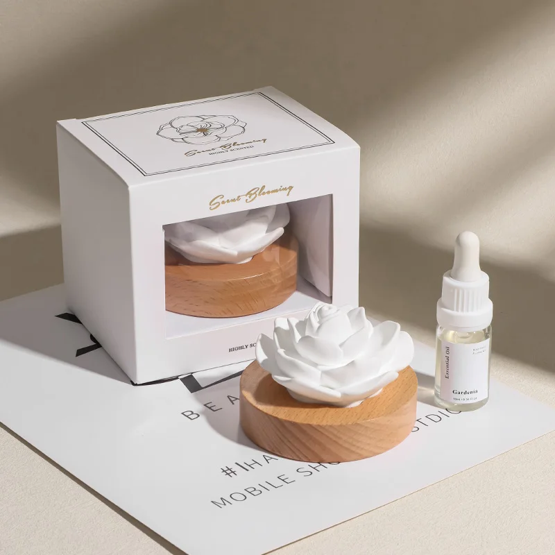 Home Decoration Air Freshener Wood Base Scented Ceramic Rose Flower Aroma Plaster Porcelain Fragrance Oil Diffuser