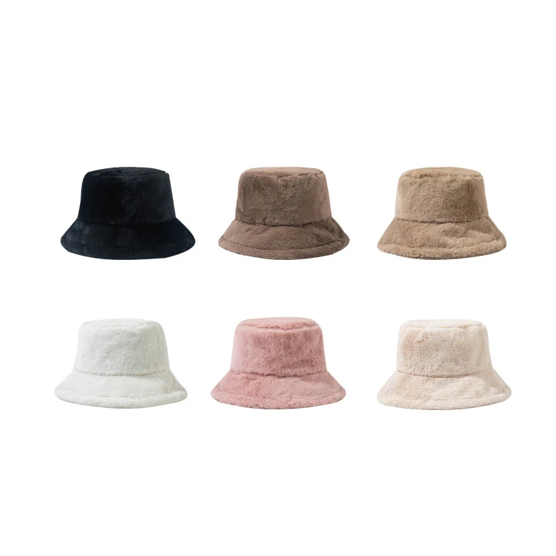 Wholesale Custom Vintage Solid Color Thickened Fuzzy Warm Fisherman Hat Winter Faux Rabbit Wool Fluffy Plush Bucket Hat