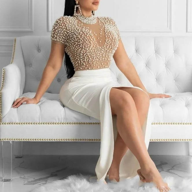 Women Fashion Sexy Dress Open Hairpin Round Neck Tulle Beaded Short Sleeve Women Evening Party Dress