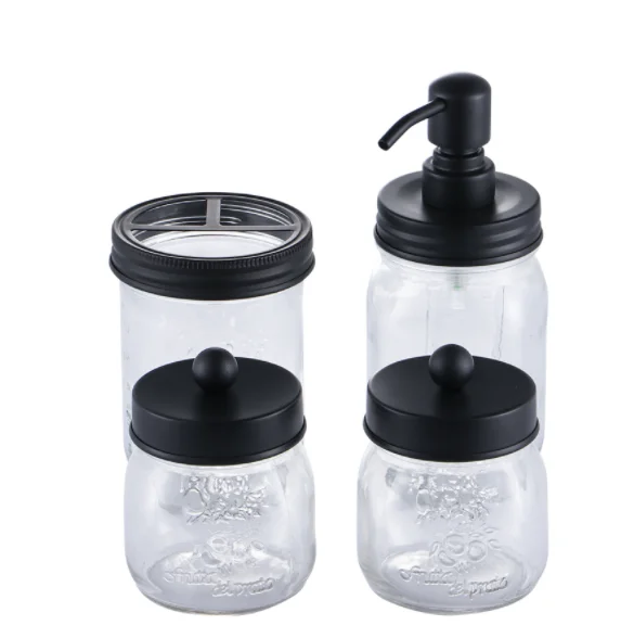 Оптовая продажа, дезинфицирующее средство для рук, стеклянная крышка, каменная банка с черным дозатором мыла, набор аксессуаров для ванной комнаты, 4 шт.