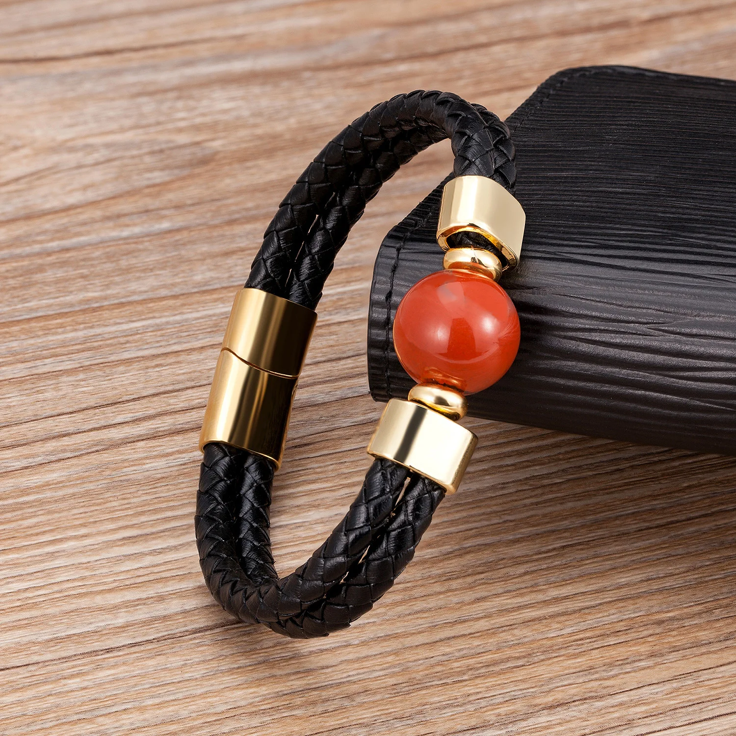 New Vintage Stainless Steel Leather Cord Braided Bracelet Trendy Metal Leather Cord Classic Stone Bracelet