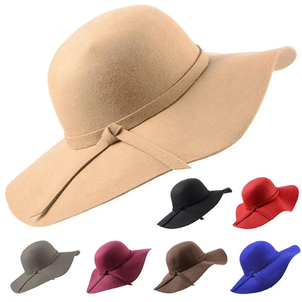 Wholesale Large Brim Wool Felt Hat British Retro Style Ladies Top Hats Women Floppy Fedora Wide Brim Felt Hat