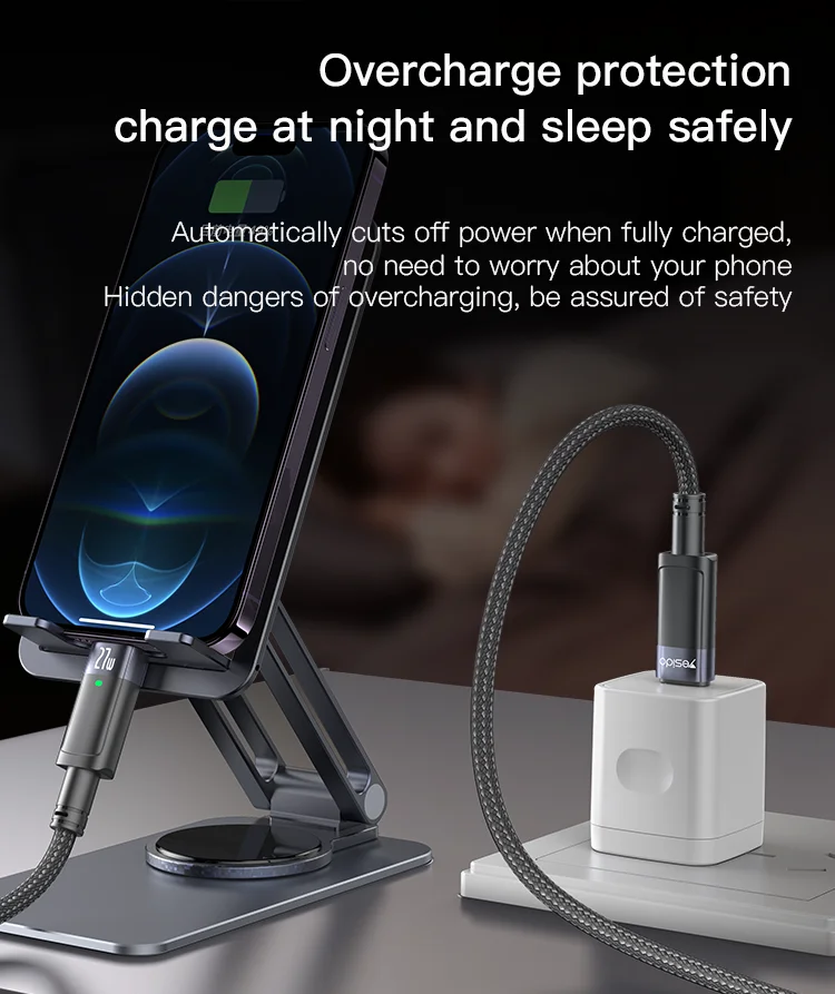 Yesido PD 27W Fast Charging And Transmission Nylon Thread Smart Power Off Lighting-Type-C Data Cable