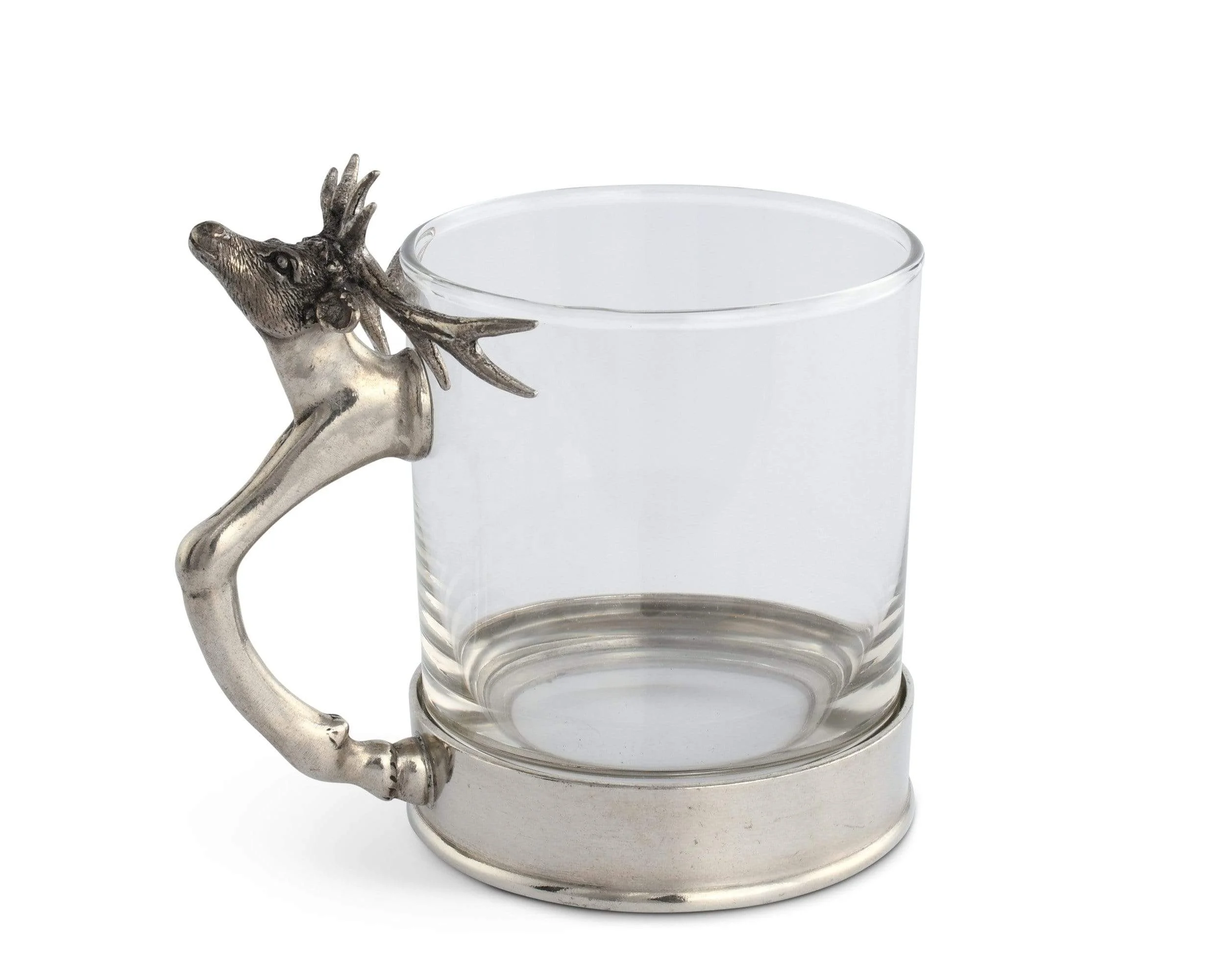Unique pewter detail  straight sided stag leg handle designer hot whiskey glass with heavy pewter base bottom