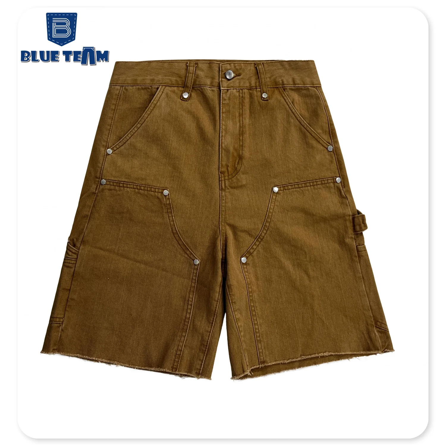Blue Team | Custom logo jean shorts cargo pants denim with pocket street raw cuff edges baggy denim shorts custom for men