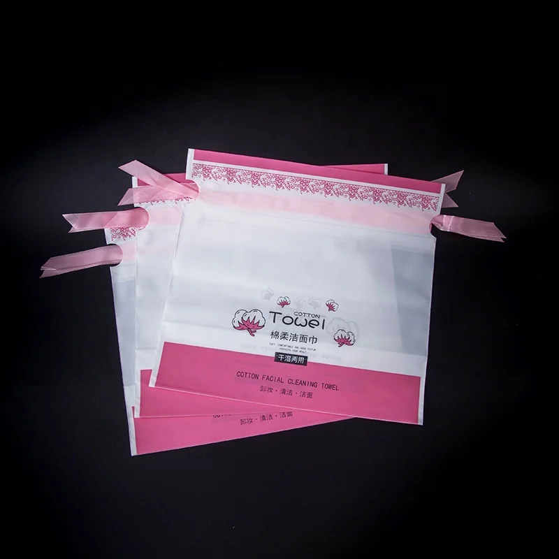 Customizable CPE Facial Cotton Tissue Washcloth Packing Plastic Drawstring Dry Cleansing Towel Packaging Bag Wearing Rope