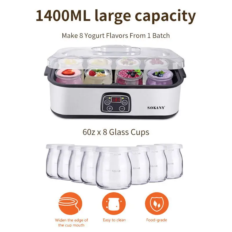 110V 220V 1400ML Electric Yogurt Maker Machine with Adjustable Temperature and Time Control Included Yogurt Jar with 8 Lids