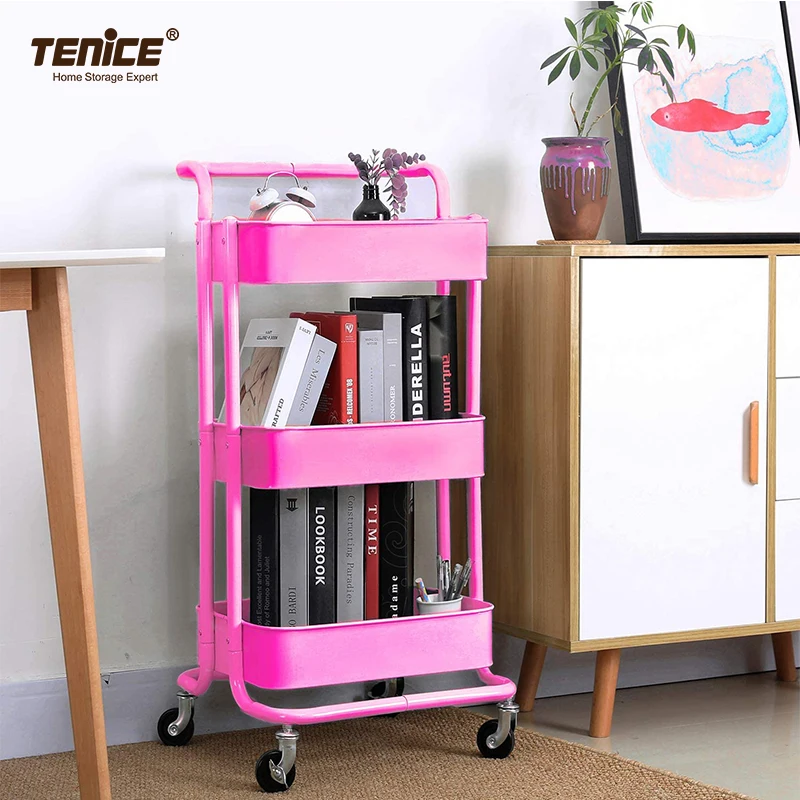 3 Tier Metal Utility Rolling Cart with Lockable Wheels, Multifunction Movable Storage Shelves Organizer with Handle and Mesh