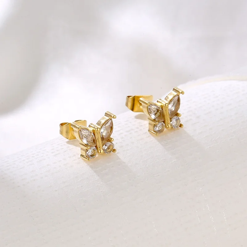 18K Gold Plated Stainless Steel Necklace And Earring Jewelry Diamond Crystal Zircon Butterfly Stud Earrings for Women