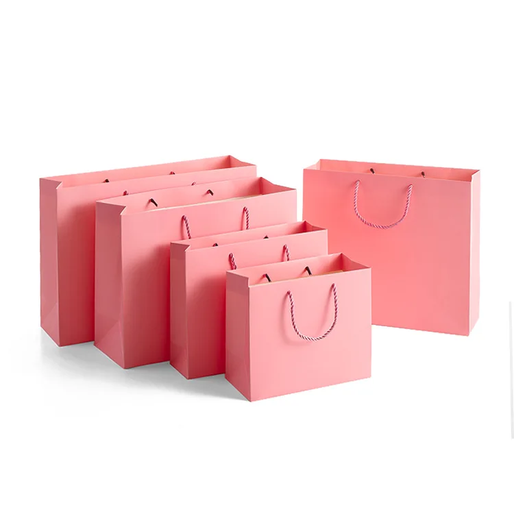 Custom Logo Printed Matt Finish Pink Paper Shopping Bag With  Handle