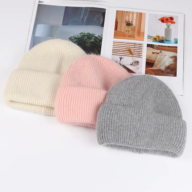 New 14 Colors Unisex Solid Color Real Rabbit Fur Beanies Winter Hat For Woman Knit Bonnet Acrylic Woman Autumn Warm Skullies