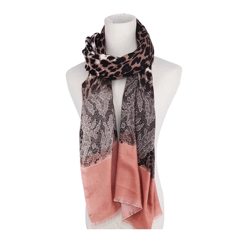 Stock mid-weight women silk scarves leopard animal print scarf winter brushed polyester shawl warm cashmere pashmina