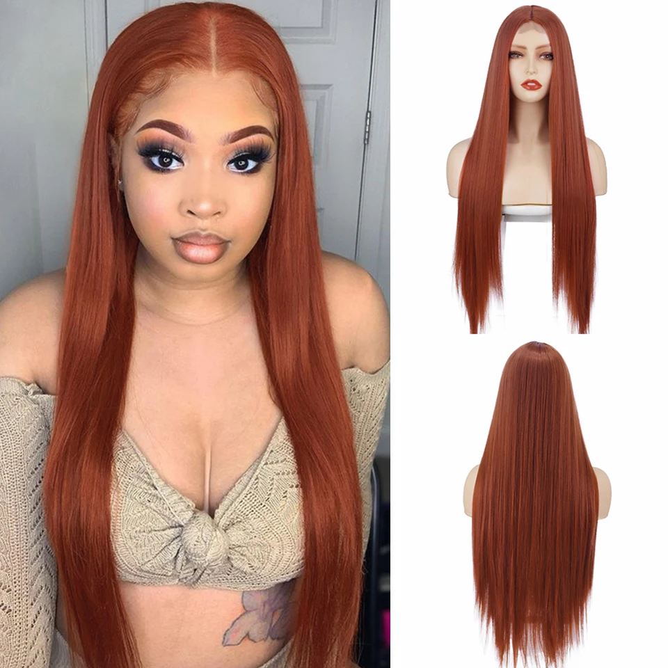 Vigorous 30 inch cheap heat resistant glueless ginger orange bug color straight lace long hair synthetic wigs for black women