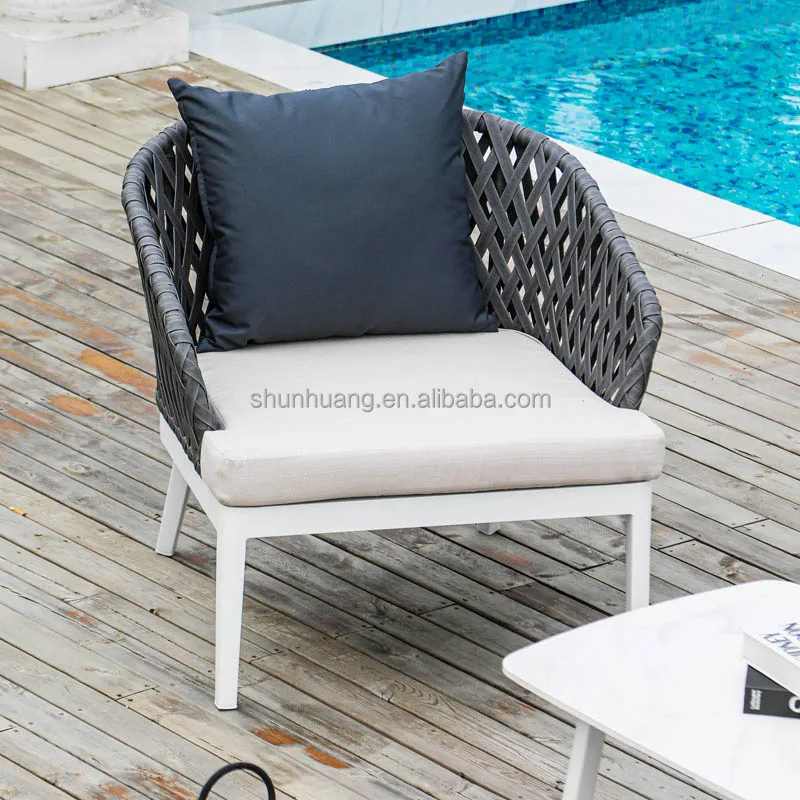 High-end market modern outdoor aluminum rope sofa set waterproof soft gray cushion for poolside leisure sofa set furniture